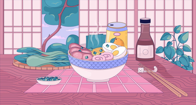Japanese ramen bowl on cozy wooden table lofi aesthetic illustration. Traditional asian dining scene inside washitsu. Noodle soup with chopsticks. Cartoon vector artwork. Colorful 2D flat design