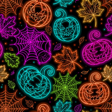 ネオンカラーで描かれたハロウィンと紅葉のシームレス柄デザイン