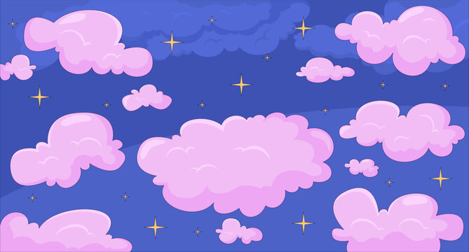 Dreamy pink clouds and golden stars in blue night sky lofi aesthetic background. Whimsical celestial cloudscape. Magical nighttime. Cartoon vector artwork. Colorful 2D illustration in flat design