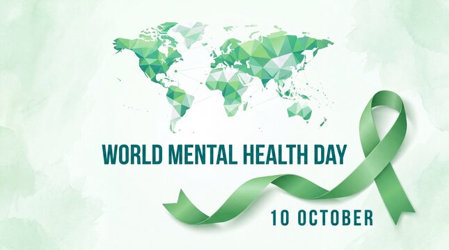 World mental health day awareness campaign featuring a vibrant green ribbon and a world map backdrop encouraging global wellbeing and mental health support for ... See More