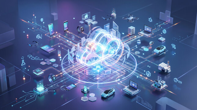 Connected cloud computing network ecosystem showing floating icons of smart home cars laptops wearables drones and factory buildings interconnected by glowing data pathways in virtual environment