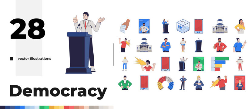 Election voting democracy and political campaign 2D cartoon illustration pack. Diverse voters and candidates. Civic participation. Isolated characters and objects flat vector clip arts collection