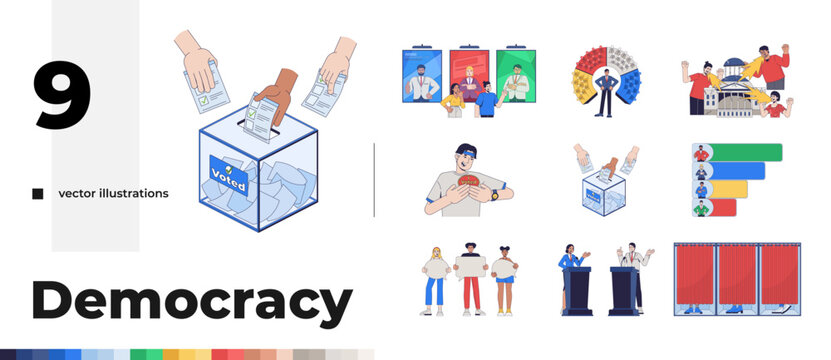 Democracy election voting and civic participation 2D vector illustration pack. Ballot box. Exit poll. Political flat characters isolated on white background. Colorful cartoon concept collection