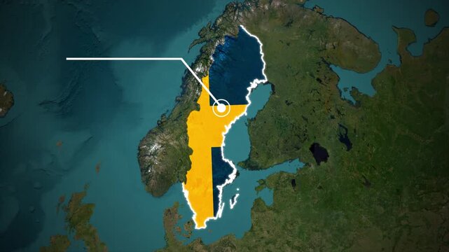 Sweden Country Map with Swedish Flag Design, Swedish Map with Geographic Location Marker, Sweden Territory Map on Satellite Terrain