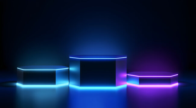 Three neon-lit, geometric platforms in blue and purple for product demonstrations.