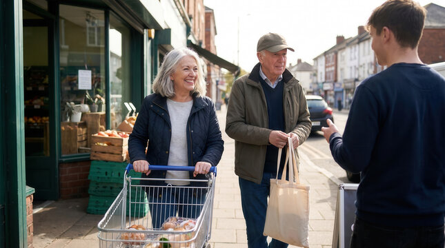 Elderly couple shopping with caregiver assistance outside grocery store