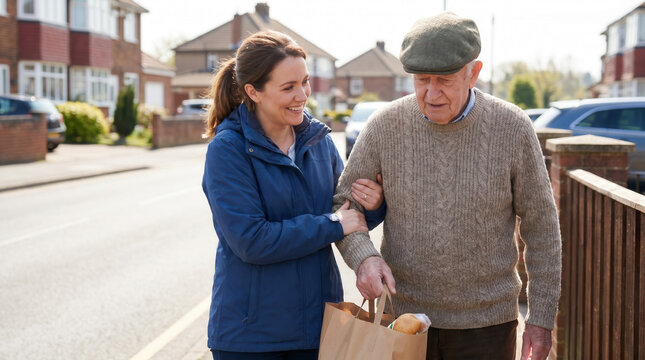 Caregiver helping elderly man carry groceries during home care visit