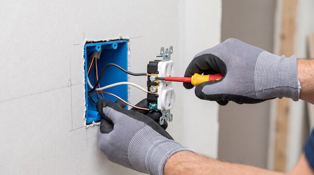 Professional electrician installing electrical outlet. Hands in gloves using screwdriver on wall socket. Home renovation and wiring work.