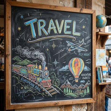 Whimsical Chalkboard Art Depicting Various Modes of Travel and Adventure