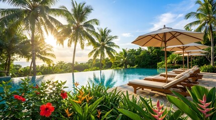 Fototapeta premium Luxury tropical resort infinity pool with sun loungers, umbrellas, palm trees, and vibrant flowers at sunny morning