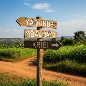 Wooden Directional Signpost With Multiple Destinations In Rural Landscape