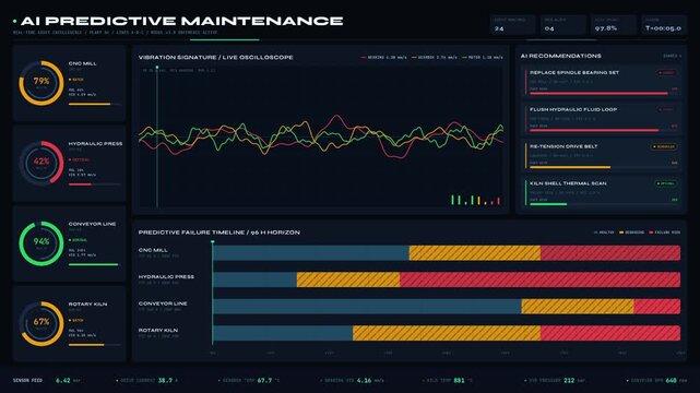 Premium 4K Remotion dark-mode AI predictive maintenance dashboard for factory equipment with vibration waveform visualizer and health score rings. professional stock footage for technology, business,.