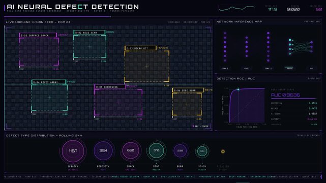 AI neural defect detection dashboard in 4K dark mode with animated bounding boxes, confidence scores, and ROC curves. professional stock footage for technology, business, and editorial use.