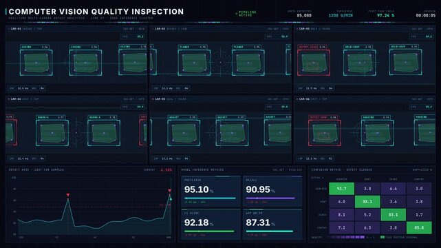 Cinematic 4K dark-mode computer vision quality inspection dashboard with AI annotations and live defect analysis tools. professional stock footage for technology, business, and editorial use.