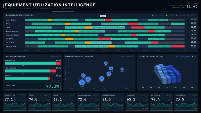 Precision 4K dark-mode factory equipment utilization dashboard with OEE waterfall, bubble chart, and rotating 3D bars in seafoam and electric blue palette.