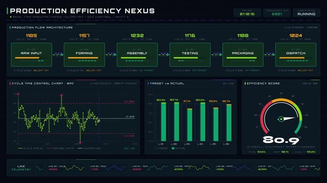 Cinematic 4K dashboard shows live production efficiency analytics with real-time flow diagrams and OEE dials in vibrant emerald and electric lime colors.