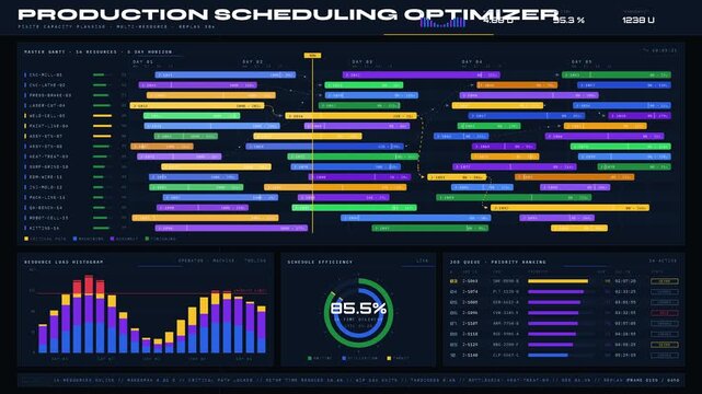 4K dark-mode dashboard displaying interactive Gantt chart with resource load histogram and efficiency donut for production scheduling optimization. professional stock footage for technology,.
