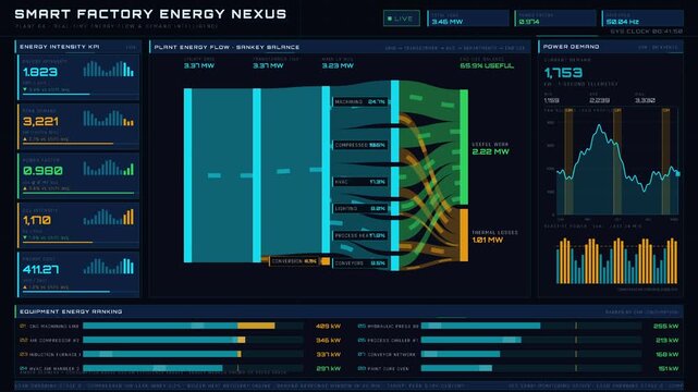 Modern smart factory energy monitoring dashboard with animated Sankey diagram and real-time analytics in dark mode. professional stock footage for technology, business, and editorial use.