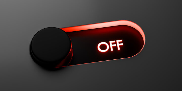 Digital interface slider control button pushed toward negative deactivated position showing glowing red text letters against dark plastic background surface, 3d rendering