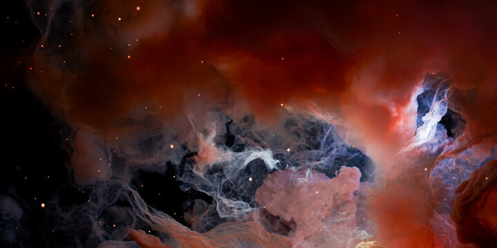 Intensely colorful fiery red burning cloud formations colliding against cool blue cosmic dust streams generating bright flying glowing spark particles, 3d illustration