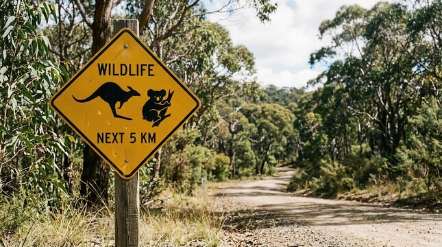 Wildlife Crossing Sign On Rural Dirt Road In Australian Bushland