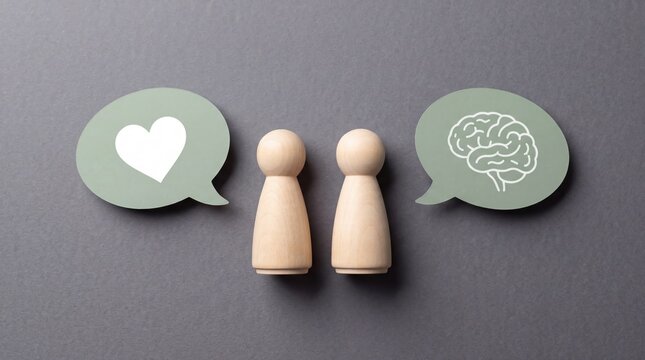 Two wooden figurines with speech bubbles representing communication and connection