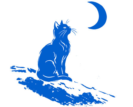 blue cat moon, minimalist feline silhouette, crescent moon night sky, cat looking at moon, blue ink style, animal graphic art