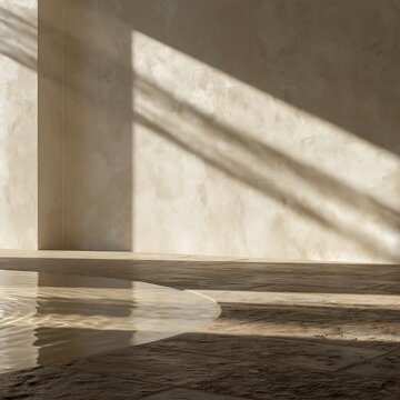 Interior room with beige plastered wall, stone floor, and a shallow pool of water with light rays casting shadows across the textured surfaces