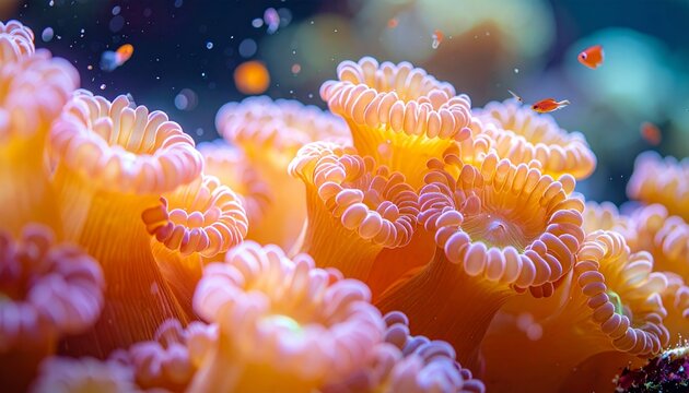 Vibrant Coral Reef Underwater Scene | Glowing Orange Anemone & Small Fish