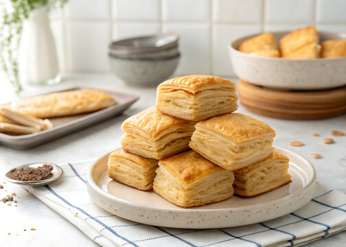 Fresh Indian khari biscuits stacked neatly on a ceramic plate  flaky layered pastry texture  traditional bakery counter 