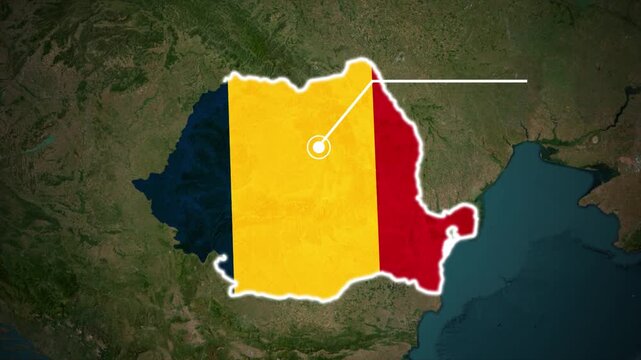 Romania Country Map with Romanian Flag Colors, Romanian Map with National Coat of Arms and Location Marker, Romania Geographic Map on Satellite Terrain Background