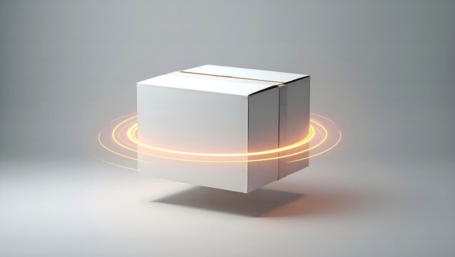 Floating white delivery box with glowing orange neon ring, conceptual 3D render of express shipping, smart logistics, fast delivery, and futuristic dropshipping
