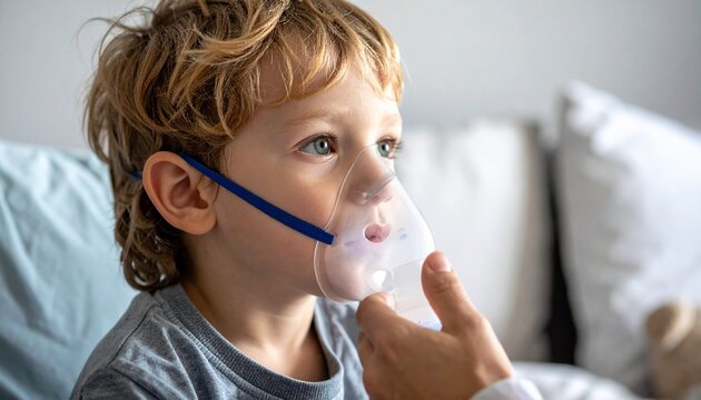 A young boy using a nebulizer mask with assistance from a parent to help him breathe easily while resting at home in his bedroom during recovery.