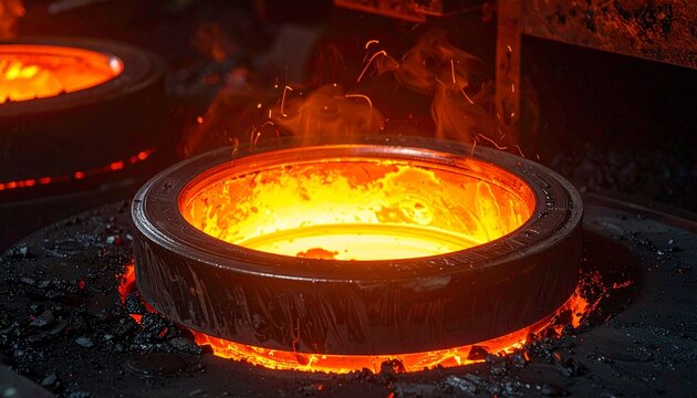 Molten metal glowing intensely during industrial casting process inside a heavy manufacturing foundry for mechanical engineering and metal production.