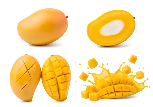 Fresh yellow mango fruits and juice splash set isolated on white background