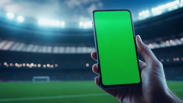 A person is holding a smartphone with a green screen in a soccer stadium filled with fans while a match takes place on the field