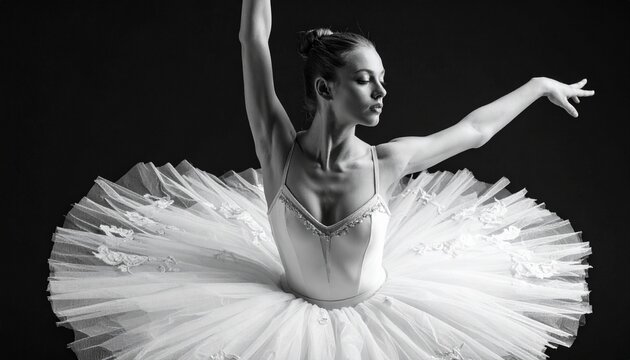 Elegant young ballerina in a white professional tutu performing a graceful dance move against a dramatic black studio background portrait.