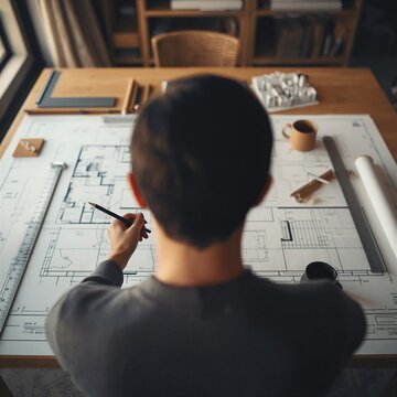 Over-the-shoulder view of anonymous architect from behind reviewing abstract blueprint on wooden drafting desk with T-square and scale model in warm studio, generative AI