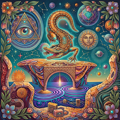 Naklejka premium Surreal visionary art of a mystical crocodile in a cosmic dreamscape with esoteric symbols, sacred geometry, and an all-seeing eye
