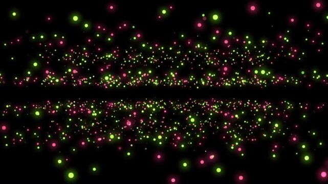 漆黒の宇宙空間を漂うライムグリーンとマゼンタの量子ドットと微粒子のCG動画