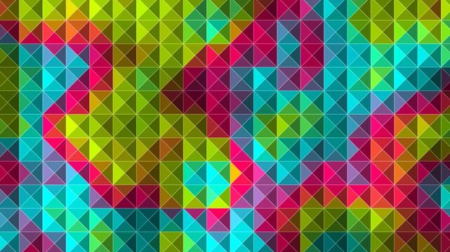 Vibrant geometric mosaic background, colorful triangle pattern texture, abstract low poly digital art for creative video projects