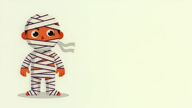 Cartoon mummy boy wrapped in bandages blinking on cream background
