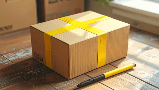 A cardboard delivery box sealed with bright yellow tape resting on a rustic wooden table surface alongside a professional black and yellow pen.