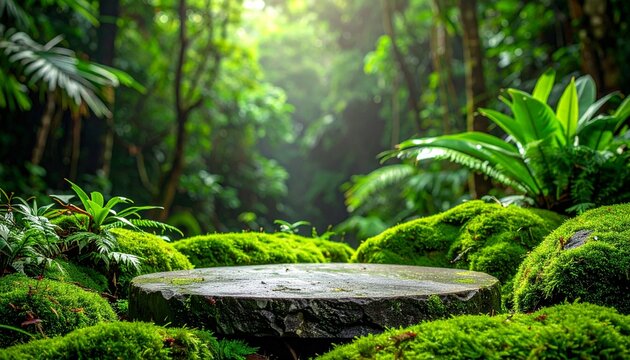 A beautiful natural stone podium pedestal for displaying products in a lush tropical jungle setting with vibrant green moss and sunlight beams.