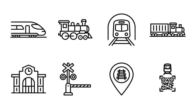 Set of line art icons depicting modern trains steam locomotives stations crossings tickets with train icon