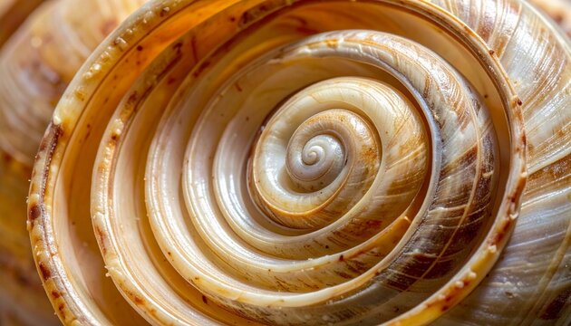 A beautiful close up macro shot of a brown spiral seashell texture showing intricate patterns and natural symmetry in light and shadow composition.