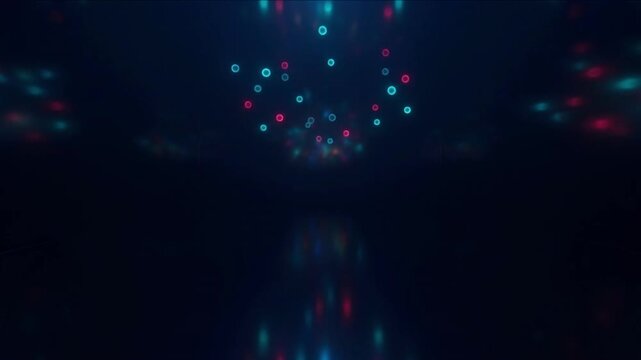 漆黒の空間に静かに漂う蛍光ターコイズと深紅の量子ドットと光の反射