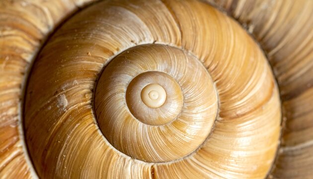 Close up macro photography of a natural snail shell showing intricate circular patterns and detailed organic textures in warm earthy brown tones.