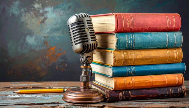 A vintage microphone placed next to a tall stack of colorful old books on a rustic wooden table representing storytelling and podcast recording.