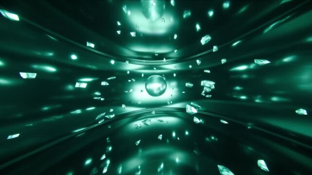 深緑の空間に降り注ぐエメラルド色の光の反射とプリズム散乱のCG動画